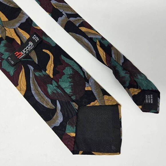 BUCCELLI MADE IN ITALY SILK TIE BLACK GREEN GOLD FLORAL SATIN 3.75" X 60" - Picture 2 of 2